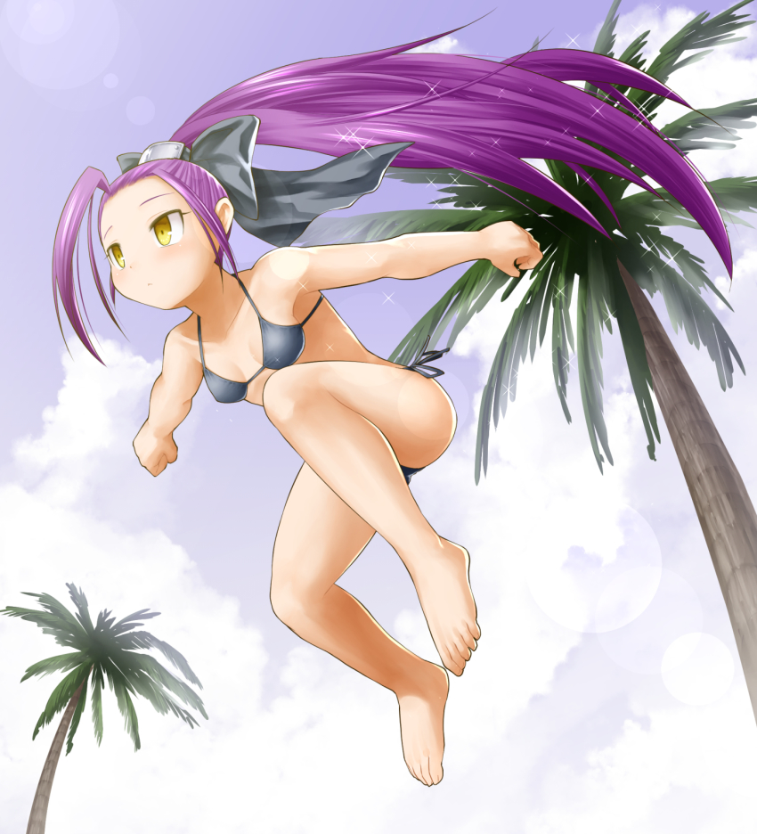 1girl :&lt; ahoge barefoot bikini black_bikini black_bow bow breasts character_request clenched_hands day emil_chronicle_online female_focus hair_bow highres huge_ahoge jumping kasuga_yukihito long_hair ponytail purple_hair side-tie_bikini_bottom small_breasts solo sparkle swimsuit toes very_long_hair yellow_eyes