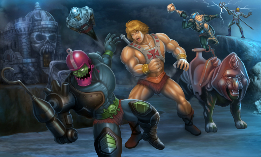 5boys armor battle battle_cat blonde_hair boots castle castle_grayskull chris-akira cyborg damaged electricity fantasy he-man helmet hood hook mace male_focus man-at-arms masters_of_the_universe multiple_boys outdoors punching ram_man science_fiction screw shouting skeletor skull skull_head spikes staff trap-jaw weapon wrist_guards