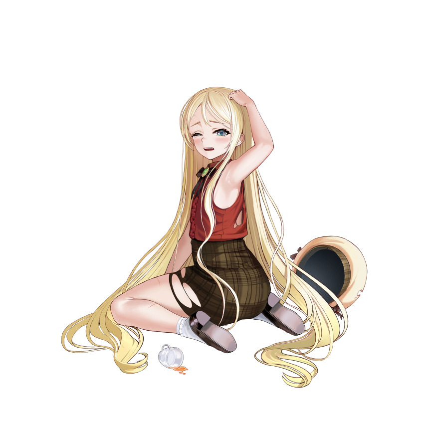 1girl aqua_eyes armpits beret black_footwear black_ribbon blonde_hair blush brooch collared_shirt defeat ellie_quickhand frilled_socks frills from_behind glass_teacup hair_down hand_on_own_head hat highres injury jewelry last_origin long_hair looking_at_viewer looking_back official_alternate_costume official_art open_mouth plaid_clothes plaid_skirt red_shirt ribbon shirt sitting skindentation skirt sleeveless sleeveless_shirt socks solo spill taesi tea tearing_up torn_clothes torn_shirt torn_skirt transparent_background unworn_headwear very_long_hair wariza white_socks