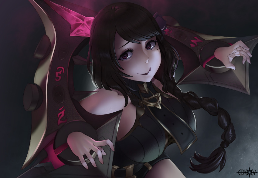 absurdres artist_name bare_shoulders black_bodysuit black_hair bodysuit braid braided_ponytail breasts briar_(league_of_legends) briar_(league_of_legends)_(cosplay) closed_mouth commission cosplay cowboy_shot edkov elsa_granhilte eyebrows eyelashes from_above hands_up highres large_breasts league_of_legends licking_lips lipstick long_hair looking_at_viewer looking_up makeup mole mole_under_eye naughty_face nose pale_skin purple_lips re:zero_kara_hajimeru_isekai_seikatsu red_eyes smile stocks tongue tongue_out