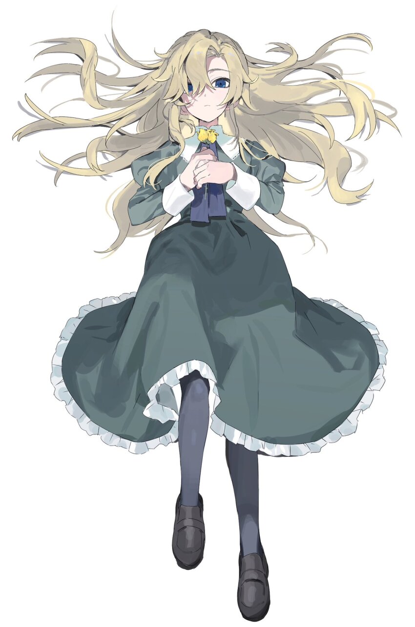 1girl black_pantyhose black_shoes blonde_hair blue_eyes closed_mouth commentary dress flower frilled_dress frills full_body green_dress hair_between_eyes hair_over_one_eye hatena_art highres holding holding_weapon ib_(kouri) juliet_sleeves long_hair long_sleeves looking_at_viewer mary_(ib) pantyhose puffy_sleeves shoes simple_background solo weapon white_background yellow_flower