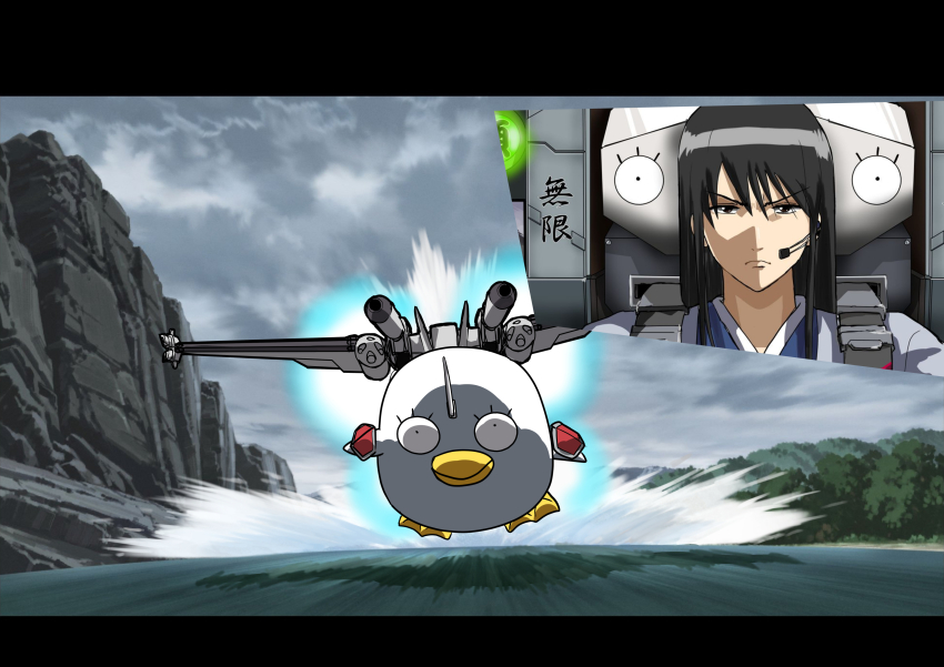 033_(inao170) 1boy absurdres athrun_zala black_hair brown_eyes elizabeth_(gintama) gintama gundam gundam_seed gundam_seed_freedom highres ishida_akira_(voice_actor) japanese_clothes katsura_kotarou kimono long_hair long_sleeves looking_at_viewer male_focus parody robot short_hair voice_actor_connection water wings