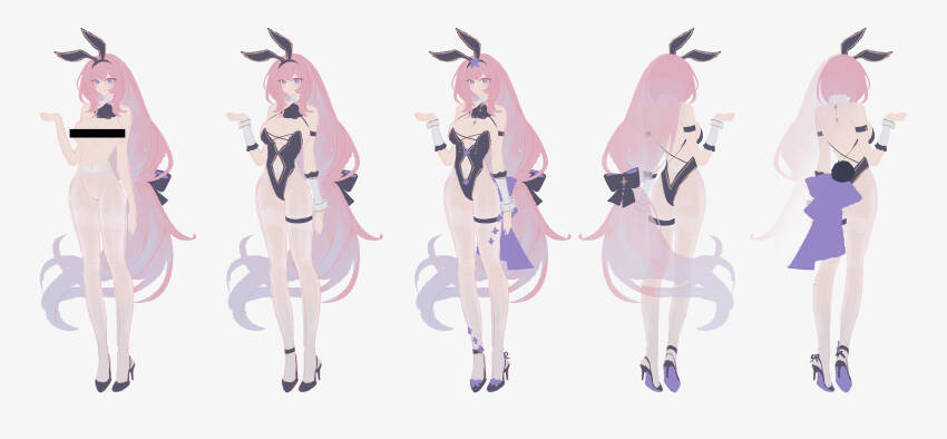 1girl absurdres alternate_costume animal_ears ass bar_censor black_leotard black_ribbon blue_eyes breasts censored clothing_cutout elysia_(honkai_impact) fake_animal_ears fake_tail from_behind hair_ribbon high_heels highres honkai_(series) honkai_impact_3rd incredibly_absurdres large_breasts leotard long_hair multiple_views navel navel_cutout pantyhose pink_hair pmg rabbit_ears rabbit_tail ribbon smile tail thigh_strap topless_female very_long_hair white_background white_pantyhose