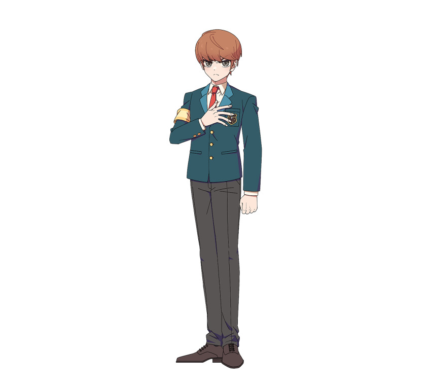1boy armband bad_source black_pants brown_hair closed_mouth collared_shirt frown full_body green_jacket hand_on_own_chest highres jacket kang_u-bin long_sleeves looking_at_viewer male_focus necktie official_art pants red_necktie school_uniform shirt shoes short_hair simple_background solo standing white_background white_shirt zombie_high_school