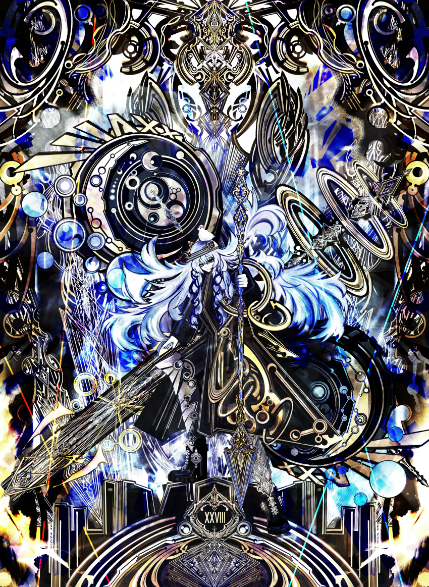 1girl absurdres animal animal_on_head bird bird_on_head blue_hair boots crescent full_body hair_ornament highres holding holding_weapon huge_weapon looking_at_viewer on_head original riz_kira roman_numeral serious solo stepping weapon