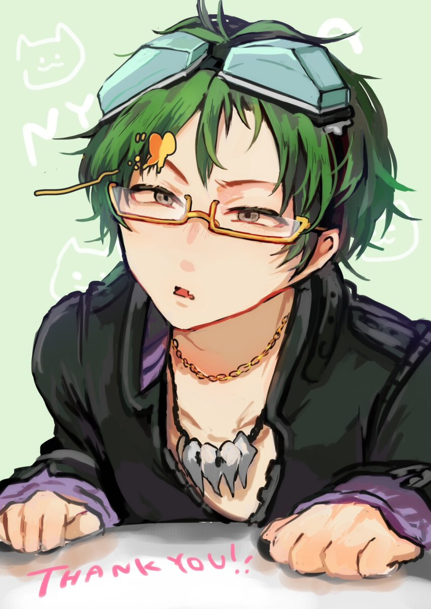 1boy black_hair glasses gnosia goggles green_hair highres jacket jewelry koyuuuuuuuuuuu long_sleeves looking_at_viewer male_focus navel necklace sha-ming shirt short_hair smile solo upper_body