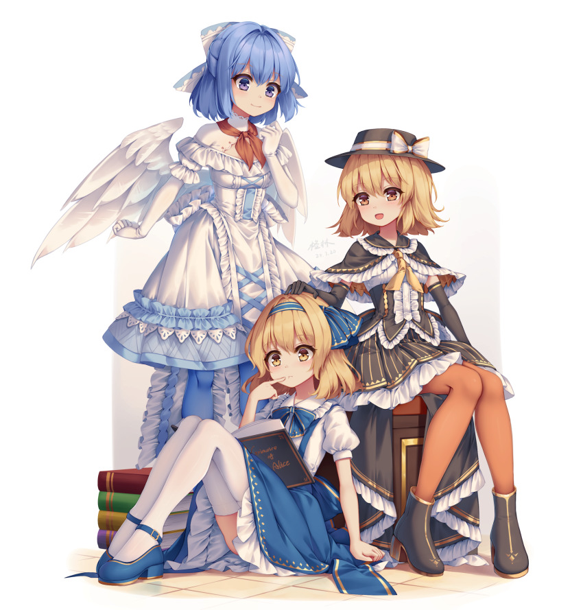 3girls :o absurdres aged_down alice_margatroid alice_margatroid_(pc-98) angel_wings black_capelet black_corset black_footwear black_gloves black_hat black_skirt blonde_hair blue_bow blue_bowtie blue_eyes blue_footwear blue_hair blue_hairband blue_pantyhose blue_skirt book bookshelf boots bow bowtie breasts brown_pantyhose capelet closed_mouth corset dress elbow_gloves feathered_wings fedora flat_chest frilled_capelet frilled_corset frilled_dress frilled_skirt frills full_body gloves grimoire_of_alice hair_bow hairband hand_on_another&#039;s_head happy hat hat_bow highres mai_(touhou) mary_janes mechrailgun medium_hair multiple_girls neck_ribbon neckerchief pantyhose parted_lips puffy_short_sleeves puffy_sleeves red_neckerchief ribbon shirt shoes short_sleeves simple_background sitting skirt small_breasts smile suspender_skirt suspenders thighhighs touhou touhou_(pc-98) white_background white_bow white_dress white_gloves white_shirt white_thighhighs white_wings wings yellow_eyes yellow_ribbon yuki_(touhou)