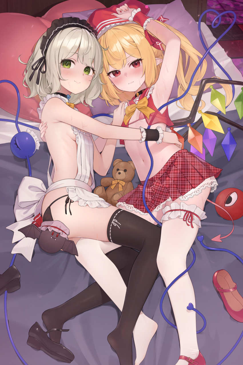 2girls alternate_costume apron arm_up armpits bad_source bare_shoulders bikini bikini_bottom_only black_bikini black_choker black_shoes black_thighhighs blonde_hair blush bow breasts choker closed_mouth crop_top flandre_scarlet frilled_skirt frilled_thighhighs frills full_body green_eyes green_hair hand_on_another&#039;s_shoulder hand_on_another&#039;s_stomach hat heart heart-shaped_pillow heart_of_string highres kanpa_(campagne_9) komeiji_koishi komeiji_satori long_hair looking_at_viewer lying maid_headdress mary_janes miniskirt multiple_girls navel on_bed on_side pillow plaid_clothes plaid_skirt pleated_skirt pointy_ears red_bikini red_eyes red_hat red_shirt red_shoes red_skirt remilia_scarlet ribbon-trimmed_thighhighs ribbon_trim second-party_source shirt shoes short_hair sideboob skirt sleeveless sleeveless_shirt small_breasts stomach stuffed_animal stuffed_bat stuffed_toy swimsuit teddy_bear thighhighs third_eye touhou unworn_shoes white_apron white_thighhighs wings wrist_cuffs yellow_bow