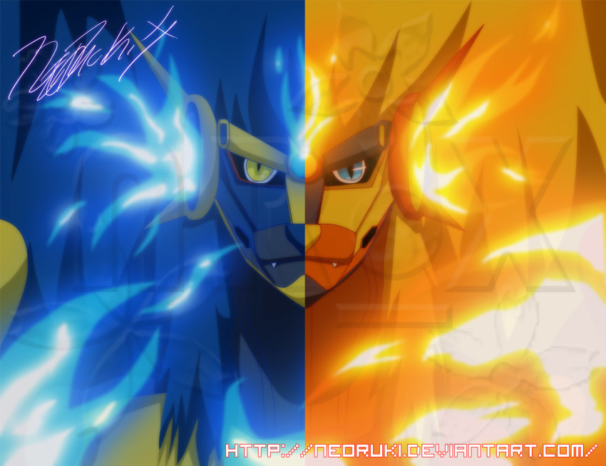 apollomon apollomon_whispered armor artist_request blue_fire digimon digimon_xros_wars dual_persona fangs fire long_hair looking_at_viewer very_long_hair