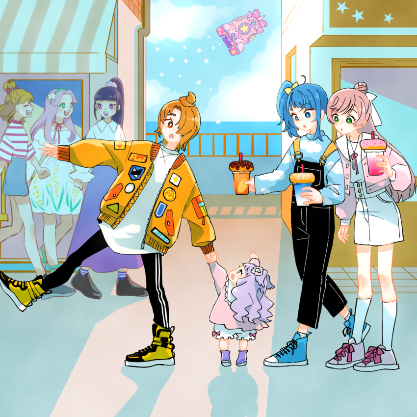 1boy 6+girls asahina_mirai black_overalls black_pants blonde_hair blue_eyes blue_hair blue_shirt blue_shoes blue_skirt blue_sky blunt_bangs bow casual child closed_eyes cloud cloudy_sky collared_shirt cup cut_bangs day double_vertical_stripe dress ellee-chan green_eyes grey_shoes hair_bow hair_bun hair_over_shoulder hair_ribbon hanami_kotoha hirogaru_sky!_precure holding holding_cup holding_hands izayoi_liko jacket jewelry long_hair long_skirt long_sleeves looking_at_another looking_back mahou_girls_precure! medium_dress medium_hair miniskirt multiple_girls necklace nijigaoka_mashiro ocean one_side_up open_mouth orange_hair outdoors overalls pants pink_hair pink_jacket ponytail precure purple_hair purple_skirt red_eyes ribbon shirt shoes short_dress short_hair side_ponytail single_hair_bun single_sidelock skirt sky smile socks sora_harewataru spacecraft star_(symbol) star_twinkle_precure ton_(ton39342104) white_dress white_ribbon white_shirt white_socks yellow_bow yellow_jacket yellow_shoes yuunagi_tsubasa