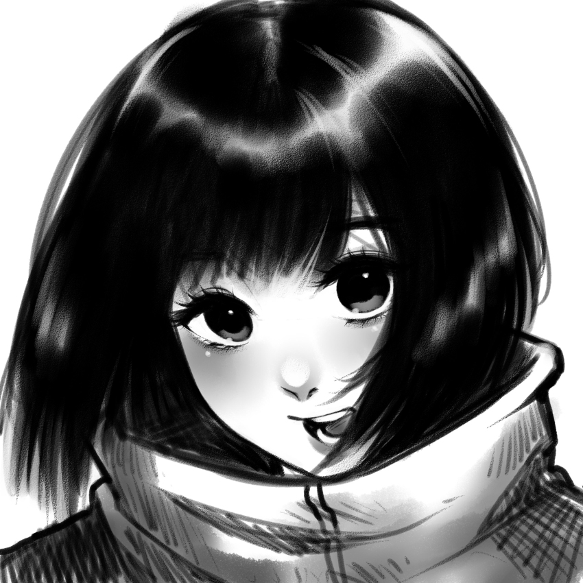 1girl coat commentary english_commentary eyelashes greyscale highres kuraedo looking_at_viewer monochrome nose open_mouth original portrait short_hair simple_background sketch solo swept_bangs white_background