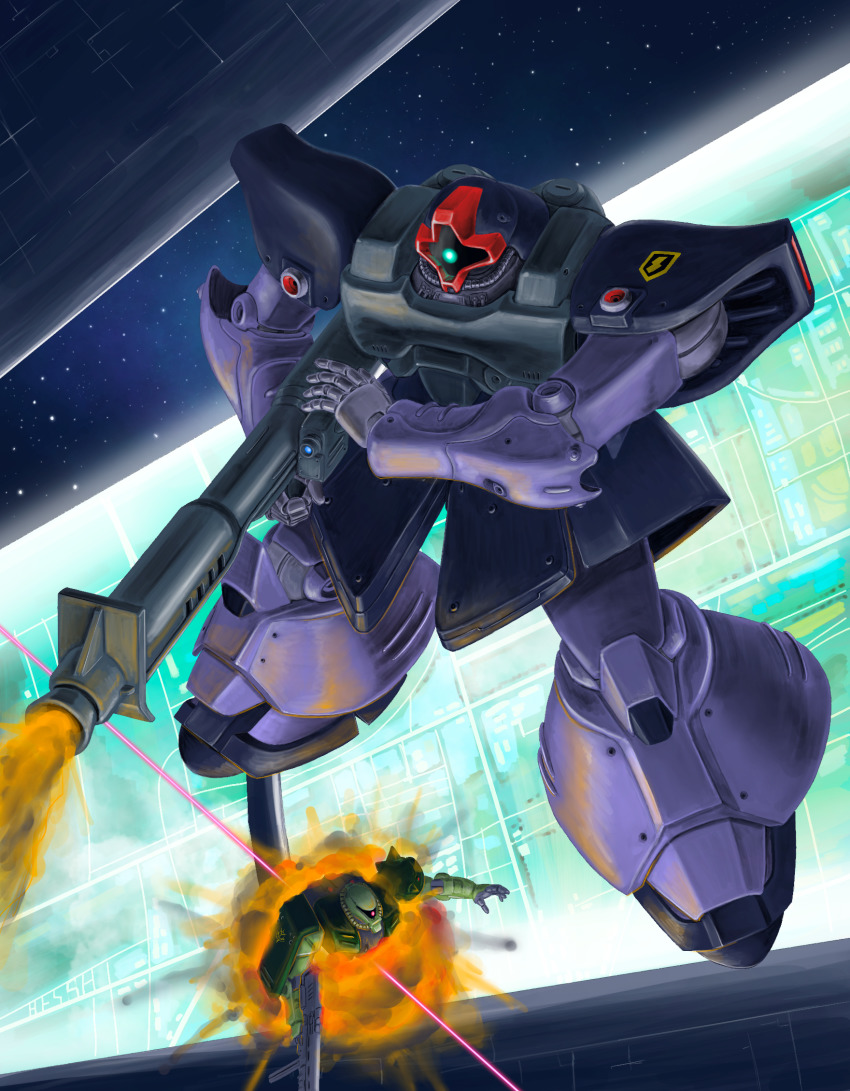 artist_request beam explosion gun gundam gundam_0080 highres mecha no_humans rick_dom_ii robot rocket_launcher space space_habitat weapon zaku zaku_ii zaku_ii_fz_kai