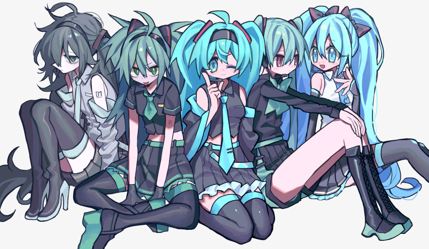5girls ahoge aqua_bow aqua_bowtie aqua_hair aqua_shorts aqua_trim arm_behind_back arm_support arm_tattoo arms_at_sides arms_between_legs bare_shoulders belt black_bow black_footwear black_gloves black_hair black_hairband black_shirt black_skirt black_sleeves black_trim blue_belt blue_eyes blue_hair blue_necktie blue_trim blush boots bow bowtie breasts bright_pupils closed_mouth collared_shirt colored_shoe_soles commentary detached_sleeves dot_mouth dot_nose feet_out_of_frame finger_to_cheek flat_chest frilled_skirt frills full_body gloves green_eyes green_necktie green_trim grey_eyes grey_shirt grey_sleeves hair_between_eyes hair_bow hair_ornament hairband hand_up hands_on_own_knees hatsune_miku headset high_heel_boots high_heels highres index_finger_raised knee_boots knees_apart_feet_together knees_up koi_wa_sensou_(vocaloid) lace-up_boots long_sleeves looking_at_another looking_at_viewer midriff multiple_girls multiple_persona necktie number_tattoo open_mouth pink_eyes platform_boots platform_footwear shirt short_necktie short_shorts short_sleeves shorts shorts_under_skirt side_slit simple_background sitting skirt sleeveless sleeveless_shirt small_breasts smile spiked_hair stylishtrash tattoo thigh_boots thighhighs tie_clip tongue tongue_out twintails vocaloid wariza white_background white_pupils white_shirt zettai_ryouiki