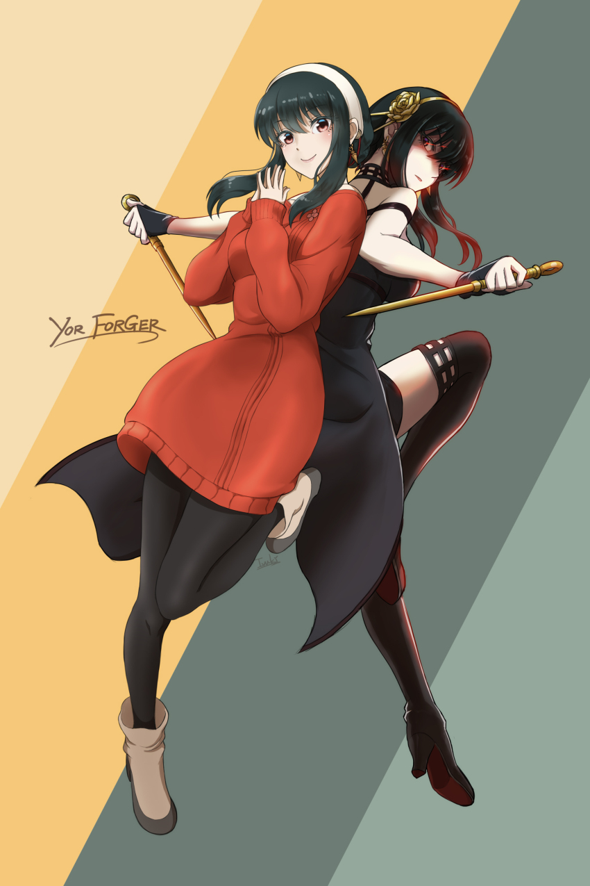 1girl absurdres black_dress black_hair black_leggings black_thighhighs boots breasts character_name closed_mouth dagger dress dual_wielding earrings eye_trail gold_hairband hairband highres holding holding_dagger holding_knife holding_weapon ivuki jewelry knife leggings light_trail looking_at_viewer medium_breasts multiple_views own_hands_together red_eyes red_sweater serious sidelocks smile spy_x_family stiletto_(weapon) sweater sweater_dress thigh_boots thighhighs two-tone_background weapon white_hairband yor_briar