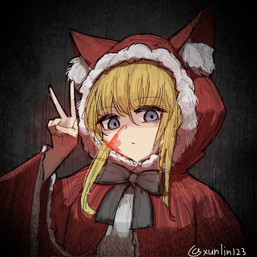 1girl animal_hood black_background black_bow black_bowtie black_souls blonde_hair blood blood_on_face blue_eyes bow bowtie cloak closed_mouth commentary_request fur-trimmed_hood fur_trim hair_between_eyes highres hood hood_up hooded_cloak long_hair red_cloak red_hood_(black_souls) sidelocks solo twitter_username upper_body v xun_lin_(pixiv_93392103)