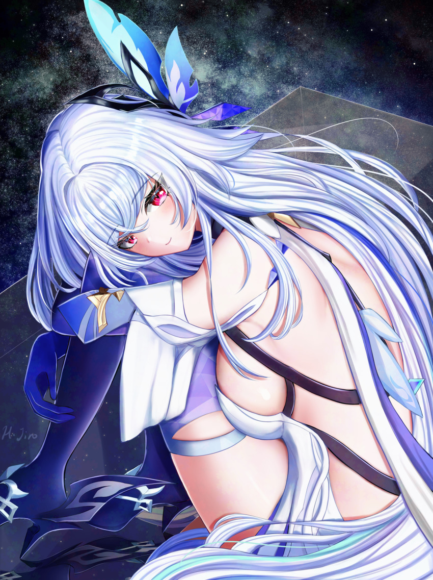 1girl absurdres artist_name back backless_dress backless_outfit bare_shoulders breasts commentary_request crossed_bangs dress genshin_impact hair_between_eyes hair_ornament head_on_knees high_heels highres hugging_own_legs knees_up large_breasts long_hair looking_at_viewer night night_sky partial_commentary prosthesis prosthetic_arm prosthetic_leg red_eyes shirt short_dress sideboob sitting skirk_(genshin_impact) sky smile solo star_(sky) starry_sky user_fwuk5773 very_long_hair white_dress white_shirt