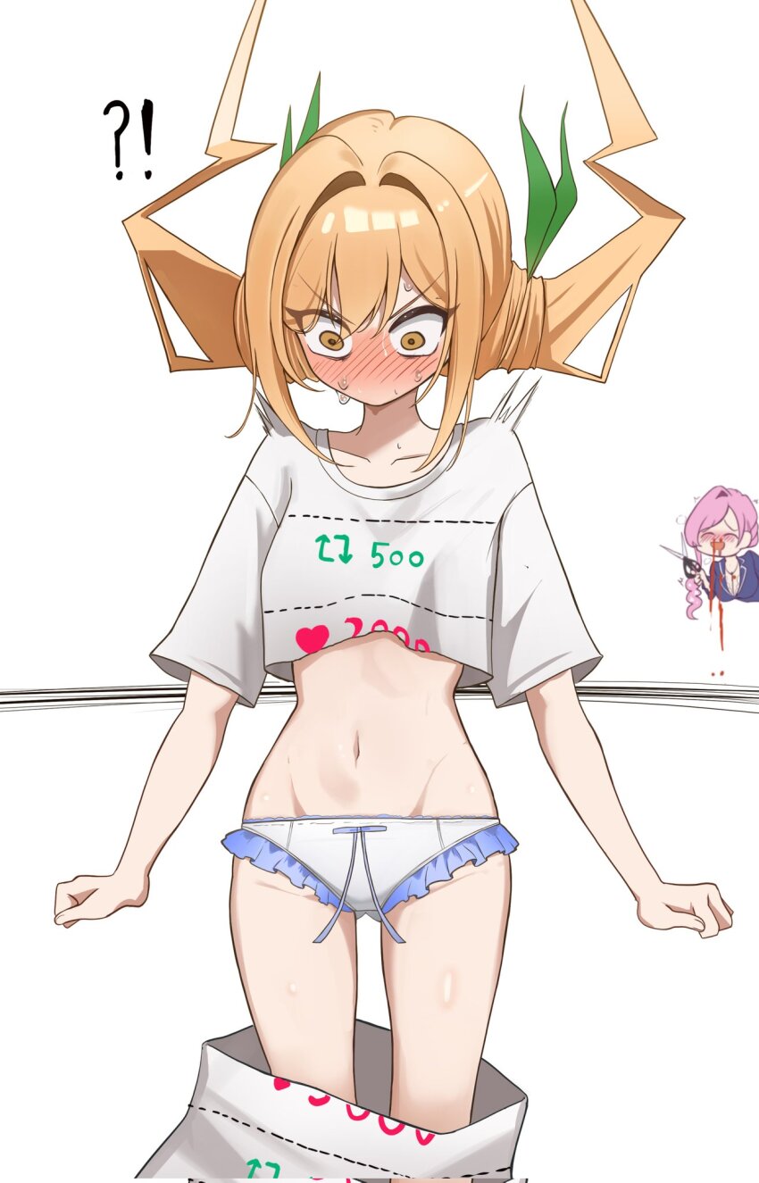 !? 2girls ^^^ aroused_nosebleed bare_arms bare_legs blonde_hair blood blush chibi chibi_inset commentary corrupted_twitter_file cropped_shirt cut-here_line cutting_clothes embarrassed english_commentary female_focus frilled_panties frills gluteal_fold green_ribbon groin hair_between_eyes hair_intakes hair_ribbon hanazono_hahari highres holding holding_scissors inda_karane kimi_no_koto_ga_dai_dai_dai_dai_daisuki_na_100-nin_no_kanojo like_and_retweet long_hair midriff multiple_girls navel nervous_sweating no_mouth no_pants nose_blush nosebleed panties ribbon scissors shirt simple_background solo_focus sweat t-shirt ten_hwang2 twintails twitter_cutting_game underwear v-shaped_eyebrows white_background white_panties white_shirt yellow_eyes