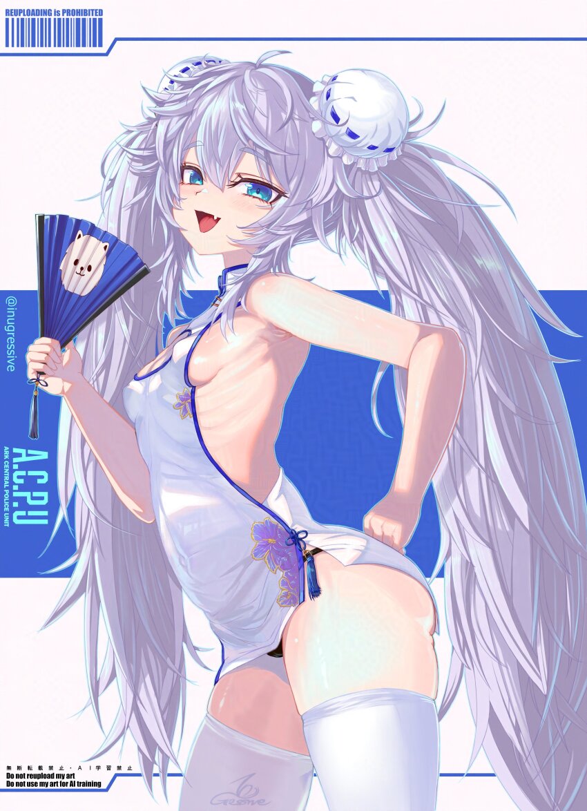 1girl :d absurdres ass bare_shoulders black_panties blue_eyes blush breasts cameltoe china_dress chinese_clothes cleavage covered_erect_nipples double_bun dress fang goddess_of_victory:_nikke hair_bun hand_fan hand_on_own_hip highres inugressive long_hair looking_at_viewer open_mouth panties paper_fan poli_(nikke) sleeveless sleeveless_dress small_breasts smile solo thighhighs twintails underwear very_long_hair white_hair white_thighhighs