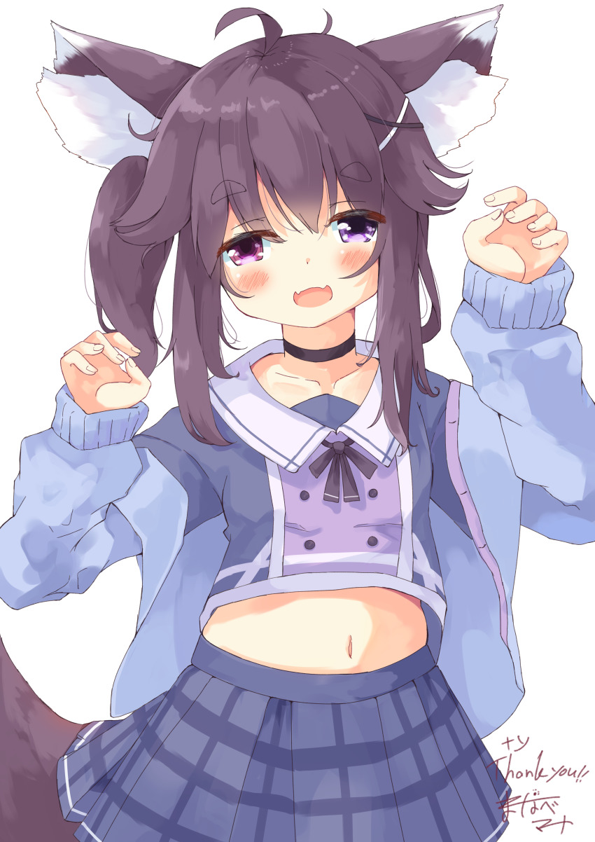 1girl :d absurdres ahoge animal_ears cardigan choker commission commissioner_upload flat_chest gao heterochromia highres indie_virtual_youtuber manabe_mana midriff midriff_peek open_mouth petite purple_cardigan purple_shirt purple_skirt sailor_collar sailor_shirt shirt skeb_commission skirt smile smug solo tail tlombard2000 virtual_youtuber wolf_ears wolf_girl wolf_tail