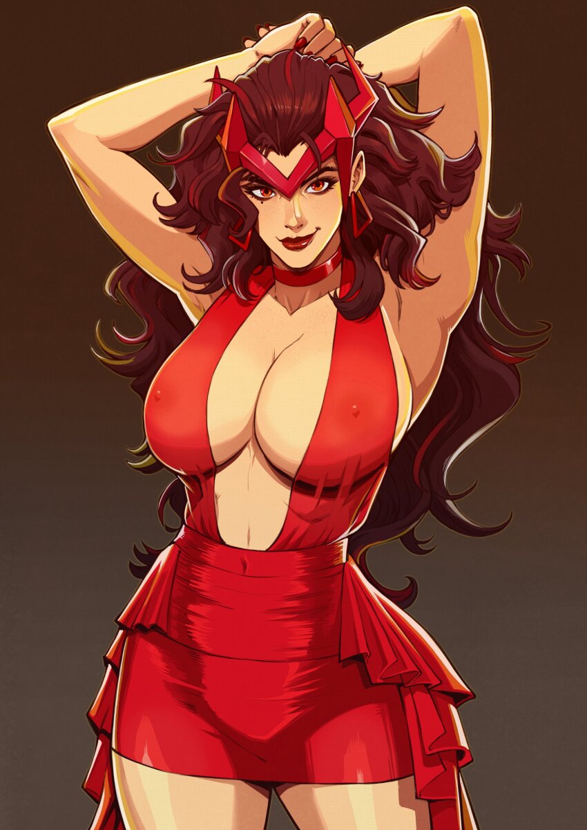 1girl absurdres alternate_costume armpits arms_up breasts brown_background brown_hair choker cleavage danusko dress earrings gradient_background highres jewelry large_breasts long_hair looking_at_viewer marvel marvel_rivals red_choker red_dress red_eyes scarlet_witch short_dress sleeveless sleeveless_dress wanda_maximoff