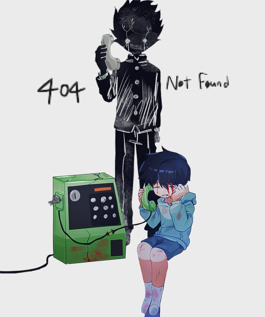 2boys 404 black_hair blood blood_on_face blue_hoodie closed_eyes commentary_request corded_phone dual_persona english_text full_body gakuran grey_background highres holding holding_phone hood hoodie http_status_code kageyama_shigeo kageyama_shigeo_(???) korean_commentary long_sleeves male_focus mob_psycho_100 multiple_boys payphone phone rksle_100 school_uniform short_hair shorts simple_background sitting socks standing white_socks