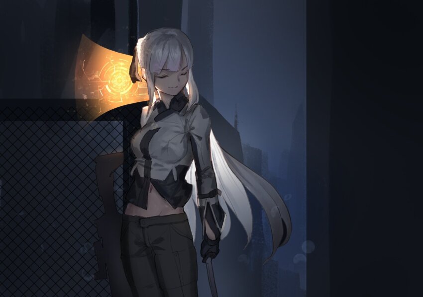 1girl ak-12_(girls&#039;_frontline) artist_request axe chain-link_fence cityscape closed_eyes crop_top fence girls&#039;_frontline gloves gradient_hair grey_hair gun highres lowleg lowleg_pants multicolored_hair navel pants pink_hair rifle smile sword tagme weapon