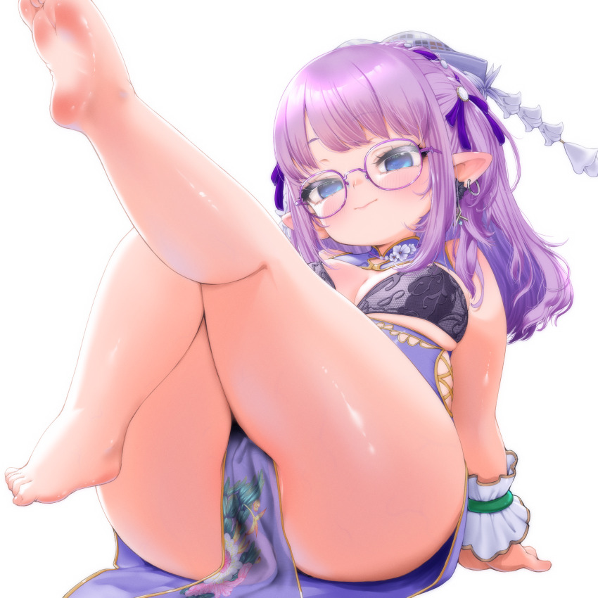 1girl a-maki_tasuke absurdres bare_arms bare_legs bare_shoulders barefoot black_bra blue_eyes blush bra breasts commission curvy dress earrings final_fantasy final_fantasy_xiv floral_print glasses hair_ribbon hands_on_ground highres hoop_earrings jewelry lalafell large_breasts legs_up long_hair looking_at_viewer pointy_ears purple-framed_eyewear purple_dress purple_hair purple_ribbon ribbon simple_background sitting skeb_commission soles straight_hair thick_thighs thighs underwear warrior_of_light_(ff14) white_background white_wrist_cuffs wrist_cuffs