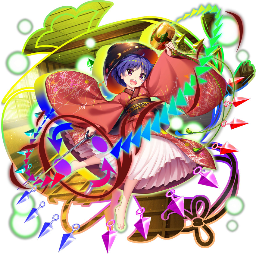 1girl barefoot black_hat bowl bowl_hat danmaku double_dealing_character full_body game_cg hat highres holding holding_needle holding_weapon japanese_clothes kimono kunai long_sleeves looking_at_viewer miracle_mallet needle needle_sword obi official_art open_mouth pink_eyes purple_hair red_kimono rotte_(1109) sash short_hair skirt smile solo sukuna_shinmyoumaru sukuna_shinmyoumaru_(shining) third-party_source toes touhou touhou_lostword transparent_background very_short_hair weapon white_skirt wide_sleeves