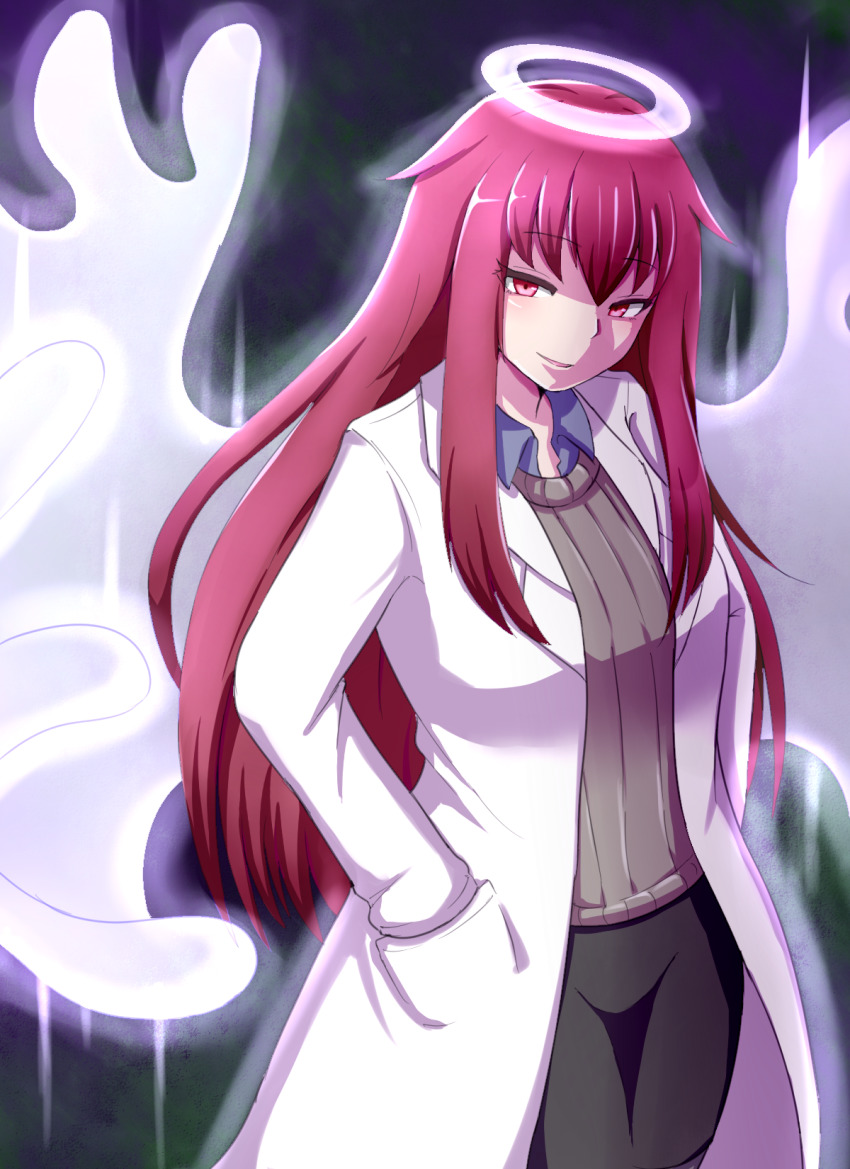 1girl breasts collared_shirt halo hands_in_pockets highres lab_coat long_hair looking_at_viewer medium_breasts mon-musu_quest! monster_girl open_mouth promestein raichi_(ddq0246) red_eyes red_hair shirt sidelocks simple_background smile solo sweater wings
