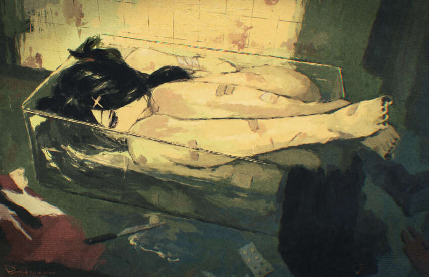 1girl absurdres ame-chan_(needy_girl_overdose) bandaid bandaid_on_leg barefoot black_hair box commentary cuts dated hair_ornament hair_over_one_eye highres in_box in_container injury knife long_hair nail_polish needy_girl_overdose nude partially_submerged pill purple_eyes rnna signature solo toenail_polish toenails x_hair_ornament