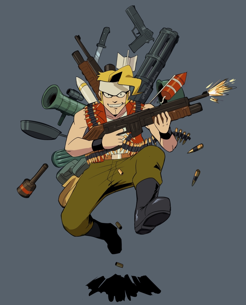 1boy bandolier belt black_boots blonde_hair boots bullet combat_knife commentary explosive firing frying_pan full_body gatling_gun green_pants grenade grey_background grin gun gun_on_back handgun headband helmet highres knife male_focus marco_rossi metal_slug minigun pants pencilman_draws red_vest rocket rocket_launcher shotgun smile solo unworn_headwear unworn_helmet vest weapon weapon_on_back white_headband