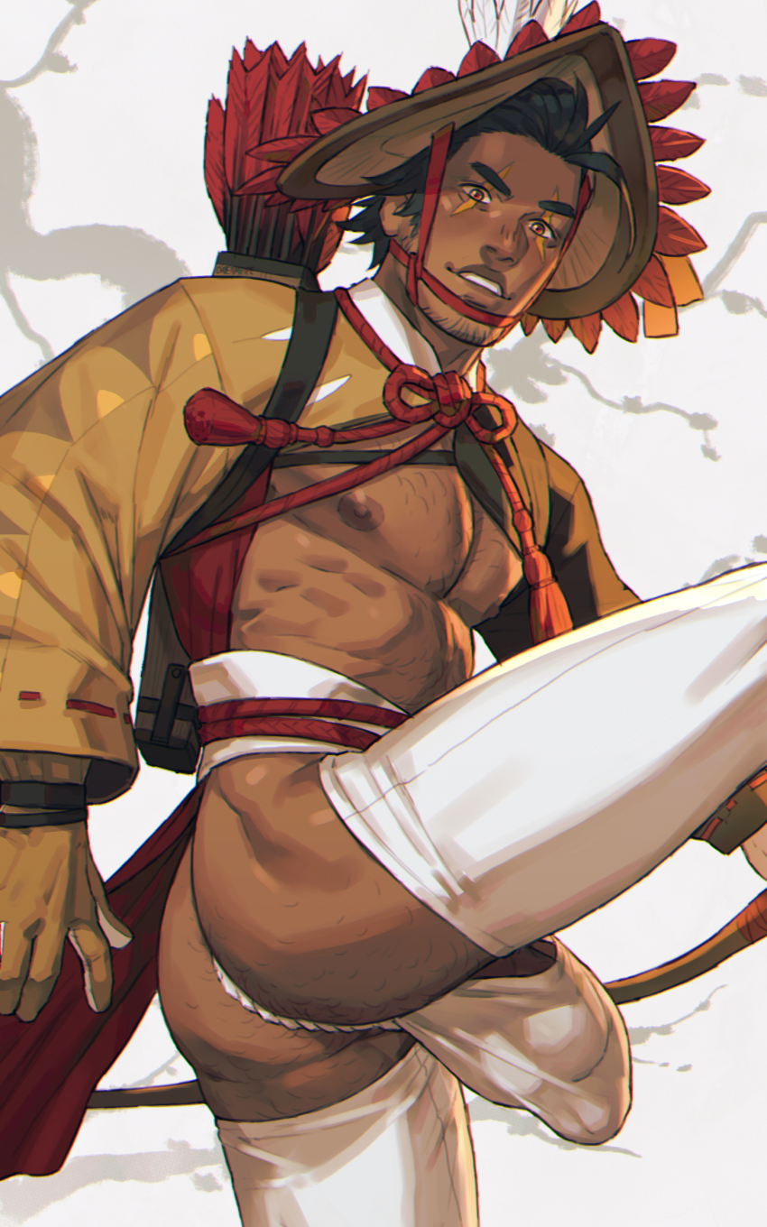 1boy amigasa ass ass_hair bara bare_pectorals black_hair bulge commentary dark-skinned_male dark_skin dreamplpe english_commentary fundoshi hat highres hisuian_decidueye japanese_clothes large_pectorals looking_at_viewer male_focus muscular muscular_male nintendo nipples paid_reward_available parted_lips pectorals personification pokemon quiver red_eyes short_hair solo sparse_chest_hair variant_set