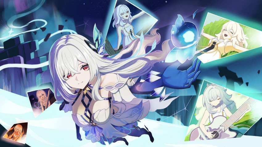 1girl absurdres aged_down aurora bare_shoulders blue_dress blue_gloves blue_thighhighs breast_strap breasts chest_strap cleavage closed_eyes closed_mouth collarbone dress elbow_gloves feather_hair_ornament feathers fire flashback flying full_body genshin_impact gloves grass guitar hair_ornament high_heels highres holding holding_guitar holding_instrument in_tree instrument large_breasts looking_at_another looking_to_the_side lying multicolored_gloves multicolored_hair multicolored_thighhighs multiple_views music niadn_nb night night_sky on_back open_mouth playing_guitar playing_instrument purple_gloves purple_hair purple_sky purple_thighhighs red_eyes short_dress sitting sitting_in_tree skirk_(genshin_impact) sky smile solo star_(sky) streaked_hair teeth thighhighs tree upper_teeth_only white_dress white_hair