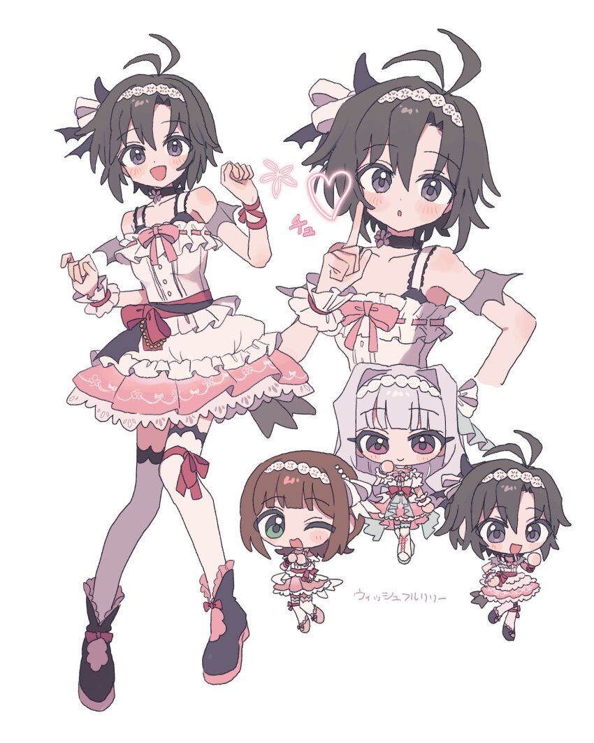 3girls :d :o alstroemeria_(idolmaster) amami_haruka antenna_hair armband bare_shoulders black_choker black_hair black_shoes borrowed_clothes chibi chibi_inset choker closed_mouth collarbone dot_nose dress eyelashes flipped_hair frilled_dress frills full_body green_eyes grey_armband grey_eyes hair_intakes hair_ribbon hairband hand_on_own_hip highres idol_clothes idolmaster idolmaster_(classic) idolmaster_million_live! idolmaster_million_live!_theater_days idolmaster_shiny_colors in-franchise_crossover index_finger_raised kikuchi_makoto lace_hairband leg_ribbon light_blush long_hair looking_at_viewer medium_hair messy_hair multiple_girls multiple_views one_eye_closed open_mouth pnt_0202 red_ribbon ribbon shijou_takane shoes short_hair sidelocks smile solo_focus thigh_ribbon thighhighs upper_body wavy_hair white_background white_dress white_hair white_hairband white_thighhighs wishful_lily_(idolmaster)