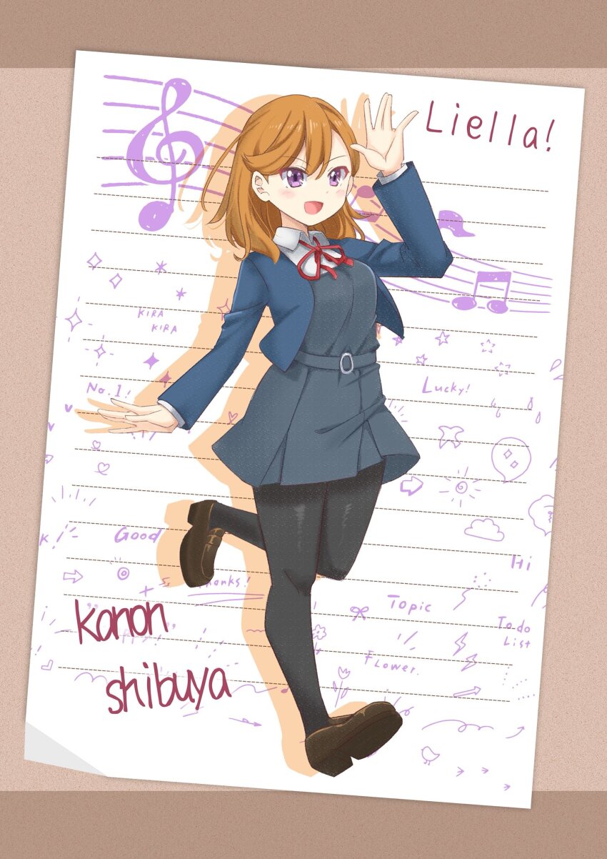 1girl :d \||/ alt_text arm_up beamed_eighth_notes black_pantyhose blue_jacket border breasts brown_border brown_shoes character_name collared_shirt commentary_request cropped_jacket dress dress_shirt drop_shadow english_text flipped_bangs full_body grey_dress group_name highres jacket lined_paper loafers long_sleeves looking_at_viewer love_live! love_live!_superstar!! matsurugi_tsukasa medium_breasts medium_hair musical_note musical_staff neck_ribbon open_clothes open_jacket open_mouth orange_hair pantyhose pleated_dress purple_eyes red_ribbon ribbon school_uniform shibuya_kanon shirt shoes short_dress smile solo treble_clef v-shaped_eyebrows white_background white_shirt winter_uniform yuigaoka_school_uniform