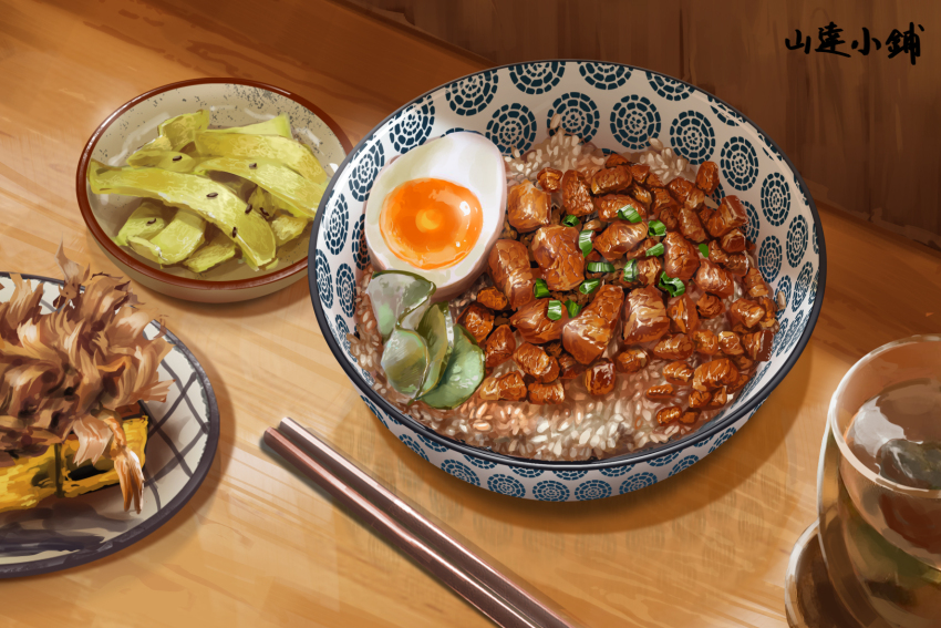 bowl chopsticks cup food food_focus hardboiled_egg highres lefty_lai meat no_humans original plate reflection rice shadow still_life