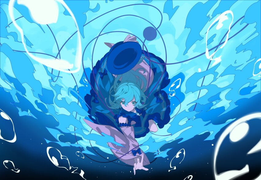 1girl absurdres air_bubble black_hat blouse bow bubble buttons devilkillerx diamond_button eyeball frilled_shirt_collar frilled_sleeves frills green_hair green_skirt hat hat_bow hat_ribbon heart heart_of_string highres komeiji_koishi ribbon shirt skirt solo third_eye touhou underwater wide_sleeves yellow_bow yellow_ribbon yellow_shirt
