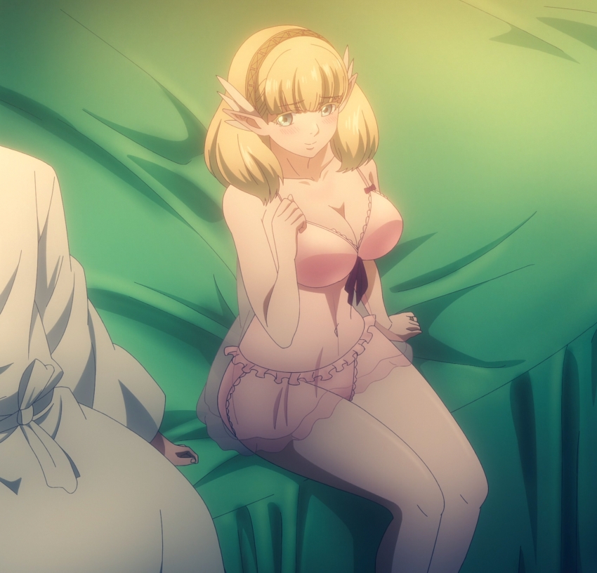1boy 1girl blonde_hair breasts cleavage green_eyes highres kekkon_yubiwa_monogatari large_breasts navel nephrites_lomka pointy_ears see-through_clothes stitched third-party_edit