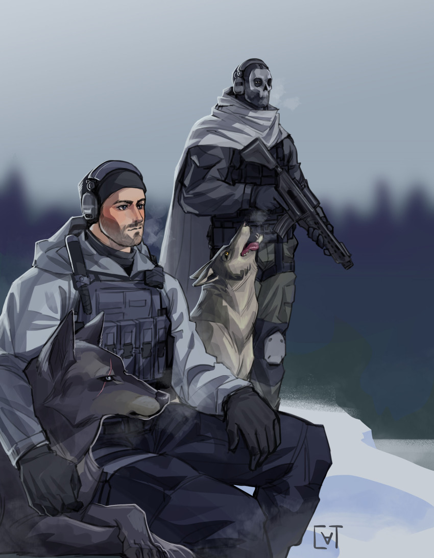 2boys absurdres animal black_gloves black_jacket black_pants blurry blurry_background call_of_duty call_of_duty:_modern_warfare_2 closed_mouth day facial_hair ghost_(modern_warfare_2) gloves green_pants grey_hoodie gun hat headphones highres holding holding_gun holding_weapon hood hood_down hoodie jacket male_focus mask multiple_boys outdoors pants skull_mask soap_(modern_warfare_2) sundaycat3 weapon wolf