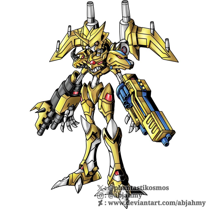 cannon claws digimon digimon_(creature) fusion gun highres magnagarurumon oridigi original sharp_teeth solo teeth weapon zekegreymon