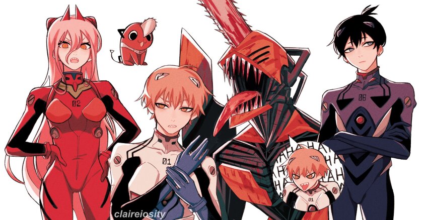 artist_name black_hair blonde_hair blood blood_on_teeth breasts chainsaw chainsaw_man claireiosity commentary cosplay cross-shaped_pupils crossed_arms demon_girl demon_horns denji_(chainsaw_man) english_commentary fangs gloves hair_between_eyes hands_on_own_hips hayakawa_aki highres horns ikari_shinji ikari_shinji_(cosplay) long_hair looking_at_viewer mecha mecha_pilot_suit medium_breasts multicolored_eyes nagisa_kaworu nagisa_kaworu_(cosplay) neon_genesis_evangelion open_mouth parted_lips pink_hair plugsuit_(evangelion) pochita_(chainsaw_man) red_eyes red_horns robot sharp_teeth short_hair simple_background souryuu_asuka_langley souryuu_asuka_langley_(cosplay) standing symbol-shaped_pupils teeth tongue tongue_out topknot very_long_hair white_background yellow_eyes