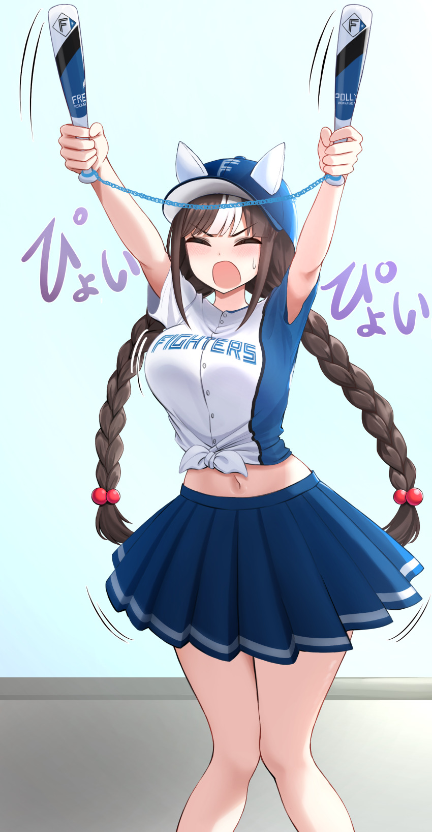 absurdres alternate_costume arms_up baseball blush bouncing_breasts braid breasts closed_eyes commentary_request commission gokusei hair_between_eyes hair_ornament hat highres hokkaido_nippon-ham_fighters hokko_tarumae_(umamusume) horse_girl long_braid long_hair midriff navel nippon_professional_baseball open_mouth simple_background skeb_commission sweatdrop thighs twin_braids umamusume