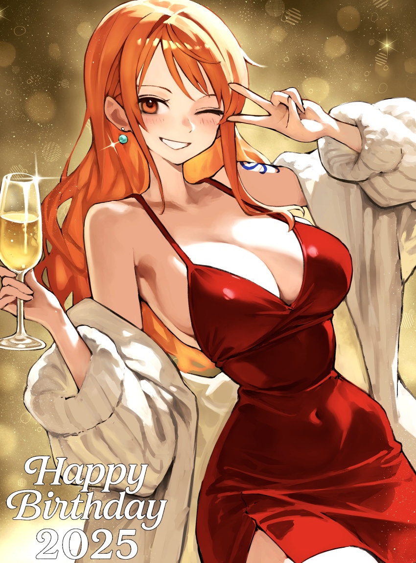 1girl absurdres alcohol arm_tattoo arm_up bare_shoulders blush breasts brown_eyes champagne champagne_flute cleavage coat covered_navel cup dress drinking_glass earrings grin happy_birthday highres holding holding_cup jewelry kasumi_6 large_breasts long_hair nami_(one_piece) off_shoulder one_eye_closed one_piece orange_hair red_dress smile solo tattoo v very_long_hair white_coat yellow_background