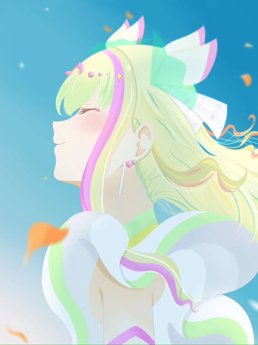 1girl ^_^ autumn_leaves bare_shoulders beads blonde_hair blue_sky bow circlet closed_eyes closed_mouth cure_zukyuun day detached_sleeves dress earrings eyelashes floating_hair fortissimo frilled_dress frills from_side hair_beads hair_bow hair_ornament hair_ribbon happy highres jewelry kimi_to_idol_precure leaf light_blush light_particles long_hair magical_girl mai_(syumiyamy) multicolored_hair musical_note musical_note_hair_ornament outdoors plaid_ribbon pointy_nose precure purirun_(precure) ribbon sidelocks sky sleeveless sleeveless_dress smile solo sphere_earrings streaked_hair upper_body white_bow white_dress white_ribbon wind