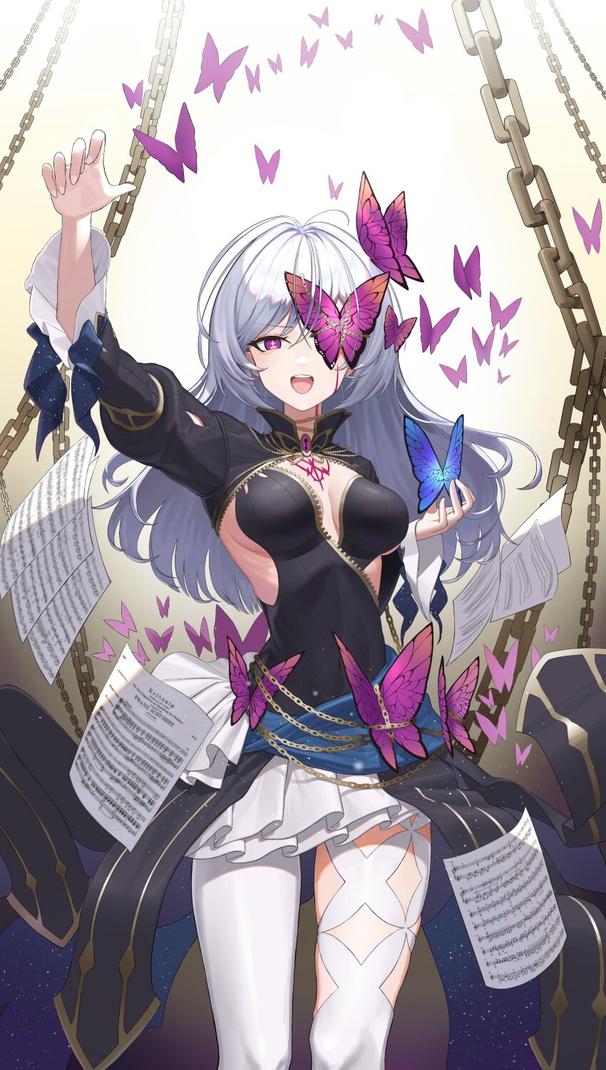&gt;:) 1girl :d absurdres arm_up asymmetrical_legwear black_cape blue_butterfly blue_cape blush breasts breasts_apart bug butterfly butterfly_hair_ornament butterfly_over_eye cape chain chest_tattoo clothing_cutout counter:side cross-shaped_pupils ekah96 facial_mark floating_clothes gold_chain gold_trim hair_ornament highres holding_butterfly insect juliet_sleeves keyhole legwear_cutout light_particles long_hair long_sleeves looking_at_viewer medium_breasts medius_(counter:side) miniskirt mismatched_legwear one_eye_covered open_mouth pantyhose papers pleated_skirt puffy_sleeves purple_butterfly purple_eyes sheet_music shrug_(clothing) side_cutout sideboob skirt smile solo standing symbol-shaped_pupils tattoo v-shaped_eyebrows waist_cape white_hair white_pantyhose white_skirt