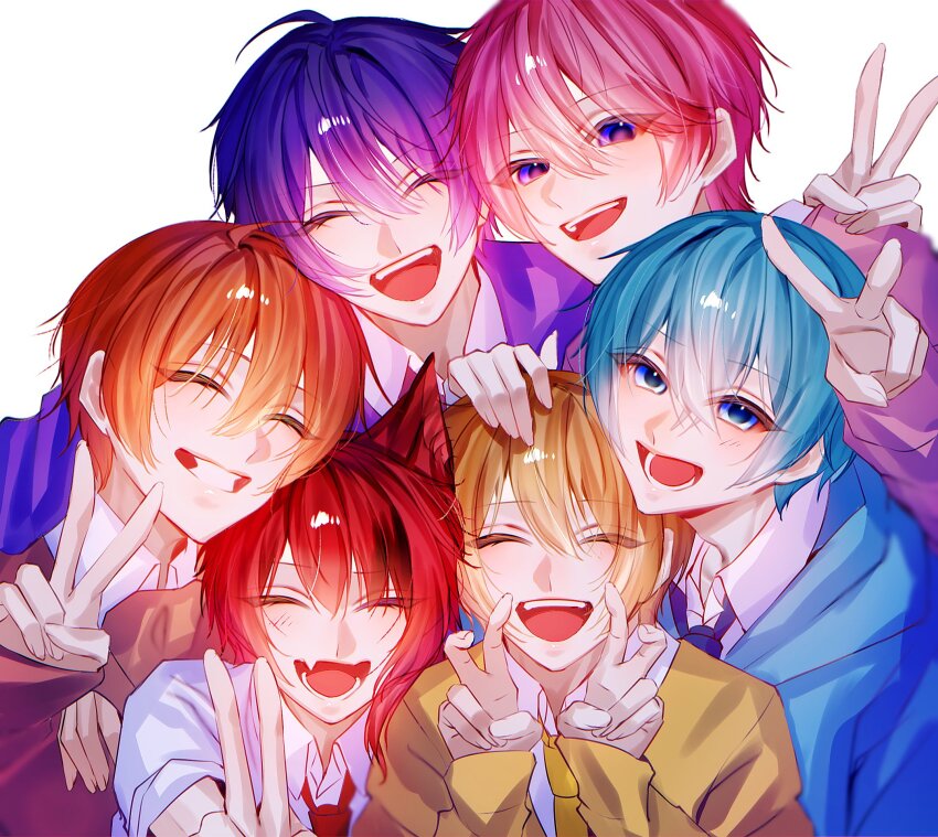 6+boys animal_ears bimigohan16 blonde_hair blue_eyes blue_hair blue_jacket closed_eyes colon_(stpri) double_v hand_on_another&#039;s_shoulder highres jacket jel_(stpri) looking_at_viewer male_focus multiple_boys nanamori_(stpri) open_mouth orange_hair pink_hair purple_eyes purple_hair red_hair rinu_(stpri) root_(stpri) satomi_(stpri) simple_background smile strawberry_prince upper_body v white_background yellow_jacket
