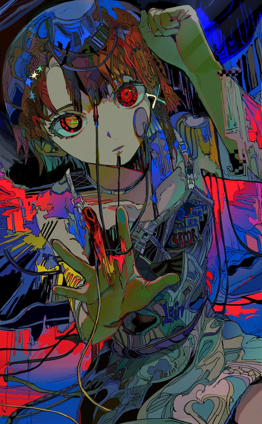 1girl abstract absurdres brown_hair double_exposure highres impressionism iwakura_lain looking_at_viewer open_mouth outstretched_arm red_eyes serial_experiments_lain short_hair short_sleeves solo wire yadu_nadu