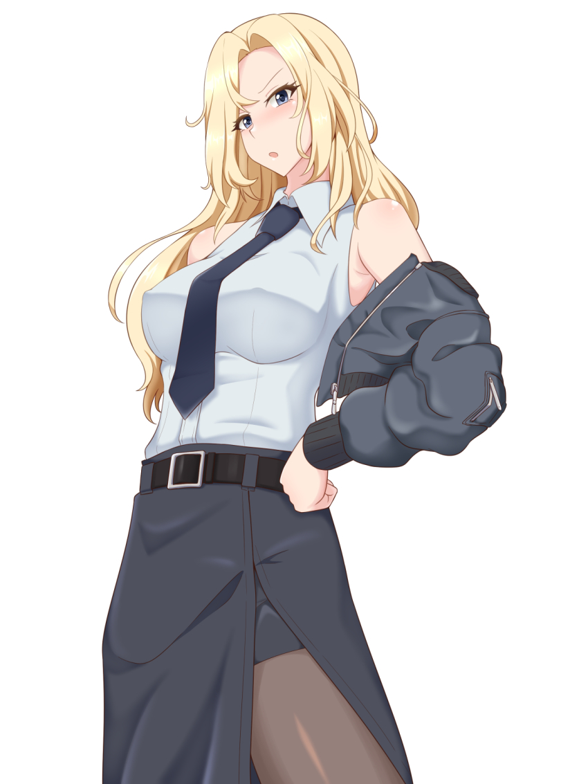 1girl belt belt_buckle black_belt blonde_hair blush bomber_jacket buckle collared_shirt eyes_visible_through_hair grey_eyes hair_between_eyes highres hornet_(kancolle) jacket kantai_collection lactone necktie pantyhose pencil_skirt shirt skirt sleeveless sleeveless_shirt white_background white_shirt