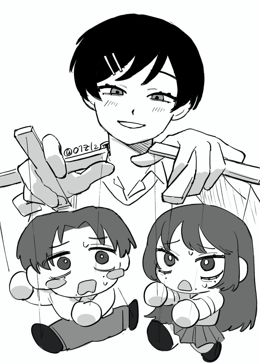1girl blush character_doll chibi doll futsuu_no_keion-bu greyscale highres long_hair marionette monochrome o1zlz original puppet puppeteering short_hair skirt smile