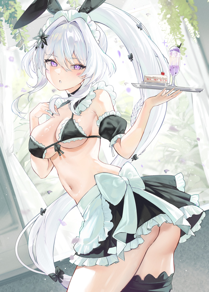 1girl absurdres animal_ears apron armpit_crease ass bare_shoulders bikini black_bikini black_skirt bow breasts bright_pupils cake cake_slice cleavage commentary_request commission cowboy_shot detached_collar detached_sleeves facial_mark fake_animal_ears flower food frilled_bikini frilled_skirt frills front-tie_bikini_top front-tie_top gurami_(zangizarang) hair_bow hair_flower hair_ornament hands_up high_ponytail highres holding holding_tray ice_cream long_hair looking_at_viewer maid maid_apron maid_bikini maid_headdress medium_breasts miniskirt navel original parted_lips ponytail purple_eyes rabbit_ears short_sleeves skirt solo standing stomach string_bikini swimsuit thigh_strap tray twisted_torso unconventional_maid very_long_hair waist_apron white_hair